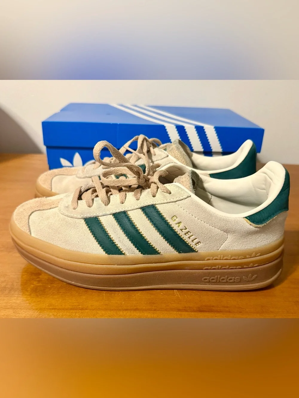 Adidas Women’s Gazelle Bold Beige Suede Samba-Style Sneakers with Green Stripes - Picture 2 of 7